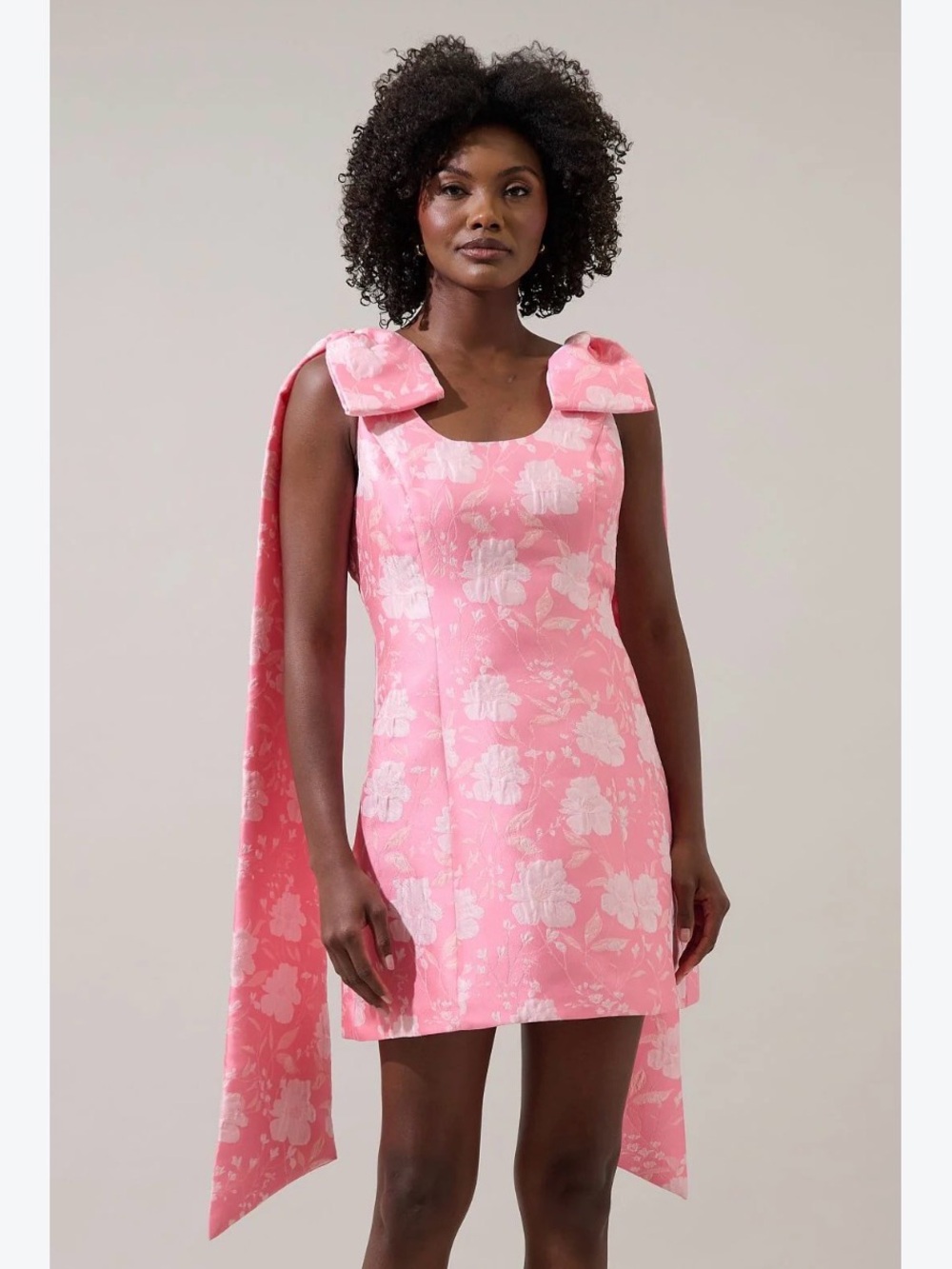 Sugarlips Pink jacquard Floral Bow-Shoulder Mini Dress